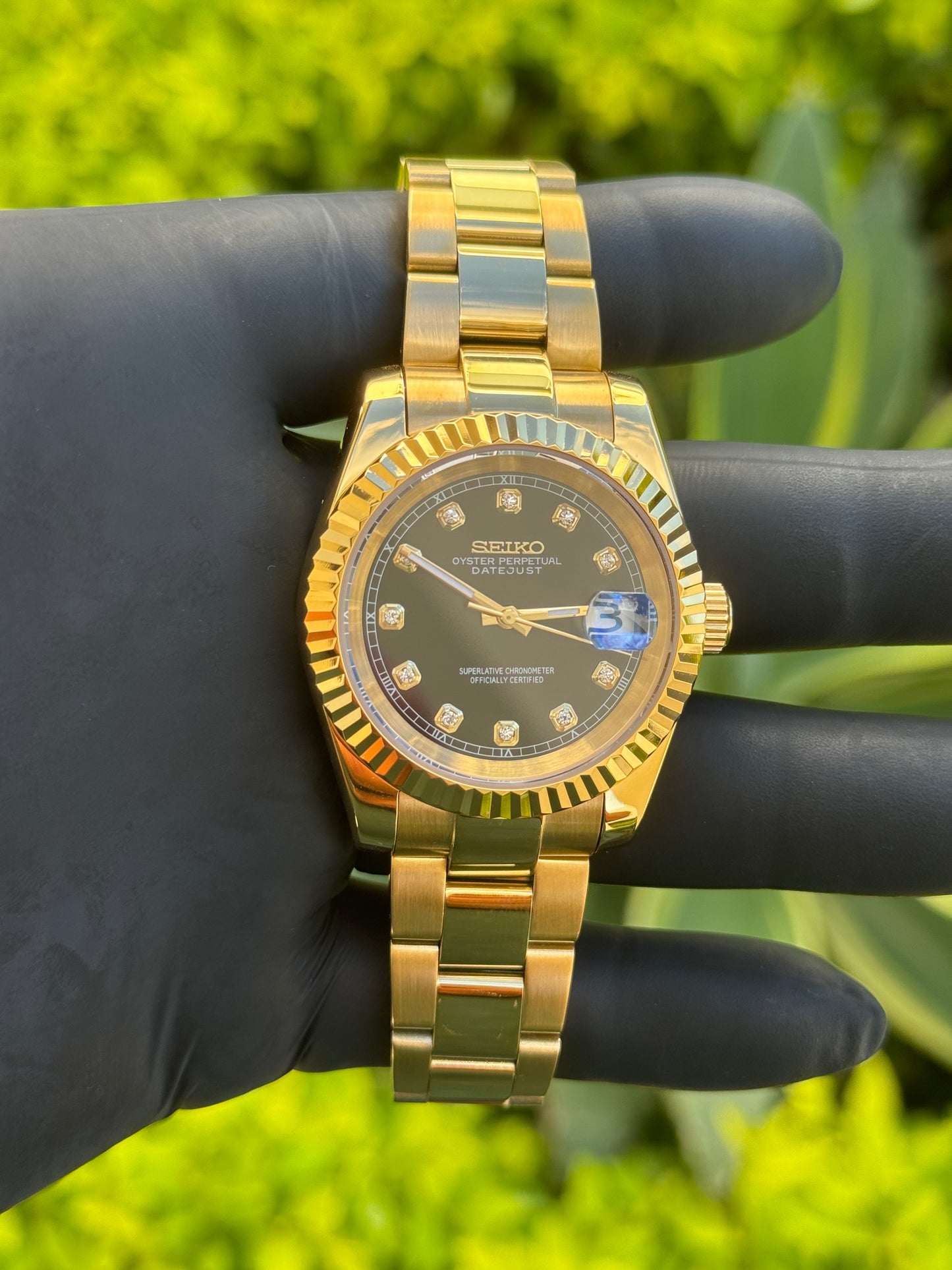 Gold DateJust W/ Black Diamond Dial Mod - Out of Stock (Available for Custom Order)