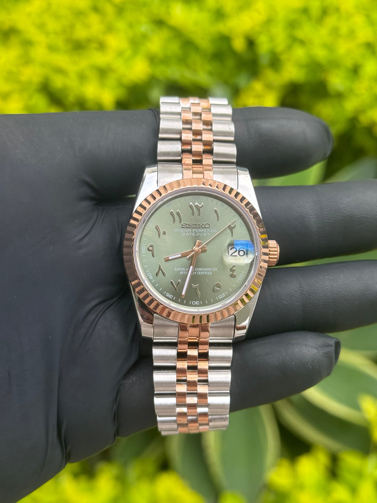 Two Tone Rose Gold W/Arabic Olive Green Dial DateJust