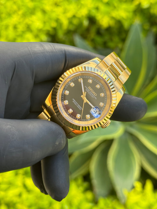 Gold DateJust W/ Black Diamond Dial Mod - Out of Stock (Available for Custom Order)